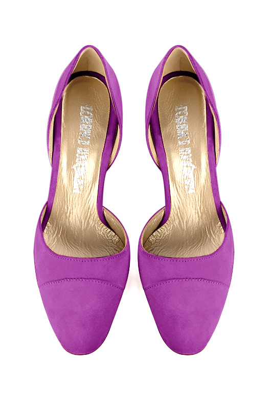 Mauve purple women's open arch dress pumps. Round toe. Very high slim heel. Top view - Florence KOOIJMAN